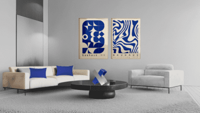 salon design minimaliste lampe design art deco bleu