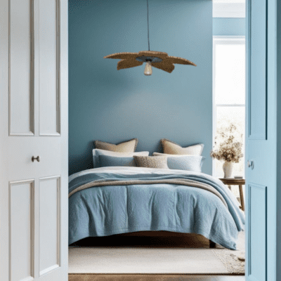 suspension marguerite carton recyclé dans uen chambre bleue